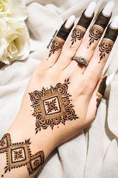 a woman's hand with henna tattoos on it and flowers in the background