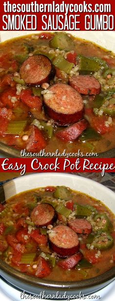 two pictures of sausage and vegetable soup in a white bowl with the title above it