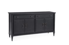 a black sideboard with two doors and three drawers on the bottom, in front of a white background