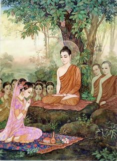 a painting of buddhas sitting in the forest with their heads bowed together, surrounded by other people