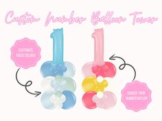 the number one balloon tasseler is shown in three different colors and features balloons