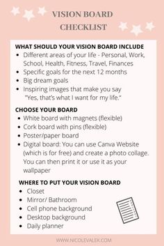 the vision board checklist is shown in pink and white with stars above it, which includes