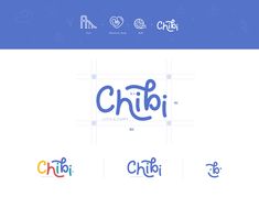 the logo for chibi is shown in three different colors and font styles, including blue