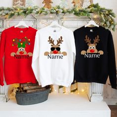 "Reindeer Family Christmas Sweatshirt, Personalized Christmas Family Sweater,Matching Family Name Sweatshirt,Custom Family Name Sweatshirt WELCOME! 🔸For any questions, please contact me directly. I would be happy to assist you. 🔸Weekends, holidays, and celebrations like Christmas or Mother's Day are not included in next-day shipping due to workload. 🔸Please be sure to check the size charts before placing your order. ORDER STEPS ✔ Please check and review all photos and information. ✔ Select your sweatshirt size from the drop down menu. ✔ Select your sweatshirt color from the drop down menu. ✔ Choose your quantity as much as you want. ✔ Click \"Add to cart\". You can go back and add more products if you want. ✔ After all your products are in your cart, you can complete your order. Please Family Christmas Sweatshirts, Family Christmas Sweaters, Family Sweater, Name Sweatshirt, Family Matching Christmas, Kids Photoshoot, Handmade Gift Wrap, Christmas Family, Love Shirt