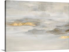 an abstract painting with gold and white colors on the canvas, it looks like something out of