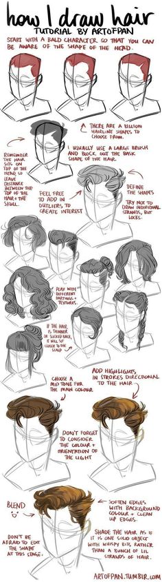 the instructions for how to draw hair with different angles and shapes, including one in red