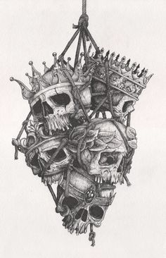 a drawing of skulls with crowns on their heads and one skull is in the middle