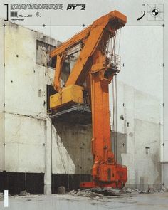 an orange crane sitting in front of a building