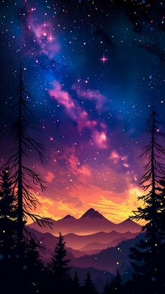 the night sky is filled with stars and trees