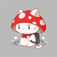 a cartoon cat with a red mushroom on it's head sitting in the grass