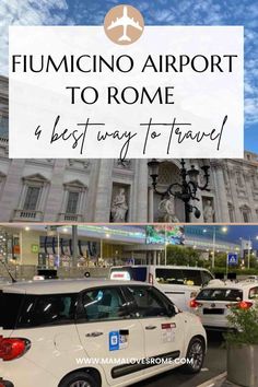 cars parked in front of a building with the words fumicino airport to rome