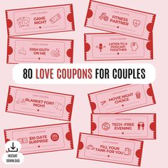 coupons for couples with the words, 80 love coupons for couples on them