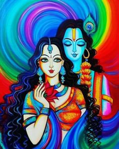 a painting of two women in colorful colors