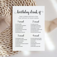 a birthday drink list on top of a table