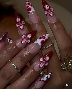 white and red nails, stiletto nails,floral design,nail design, medium nails , vacation nails,summer nails,gold rings Reflective Nails, Flower Press, Summery Nails, Blush Nails, Glamorous Nails, Red Nail Designs