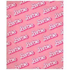 the fabric is pink and has barbie logo on it, as well as letters that spell barbie