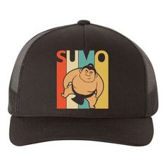 a black trucker hat with an image of sumo on it