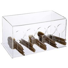 a clear acrylic container with forks and spoons in it