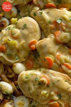 chicken and vegetable casserole with gravy on top