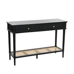 a black console table with two drawers