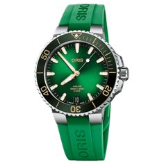 Brand New Authentic Oris Aquis Date Automatic Green Dial Rubber Strap Men's Sports Watch Model 01 400 7769 4127-07 4 22 77FC. Brushed and Polished Stainless Steel case with Green Rubber Strap . Brushed and Polished Stainless Steel Folding clasp. Ceramic. Uni-Directional Ratcheted Rotating bezel. Dial description: Luminous Yellow Gold Tone Hands and Stick Hour Markers with Minute Markers Around the Outer Rim, and the Date at 6 o'clock on a Green Dial. Swiss Automatic movement. Calendar: Date at 6 o'clock. Chronograph sub-dials display: Date. Powered by Oris Caliber 400 engine with 120 hours power reserve. Watch functions: Date, Power Reserve, Hour, Minute, Second. Screw Down crown. Scratch Resistant Sapphire crystal. Unique case shape. Case size: 41.5mm. Transparent case back. 300 Meters - Oris Aquis, Oris Watches, Calendar Date, Old Watches, Eyewear Womens, Sports Watch, Watch Model, Polished Stainless Steel, Men's Watch