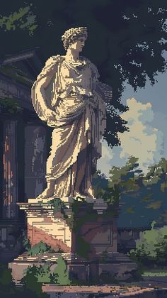 an image of a statue that is in the middle of some bushes and trees,