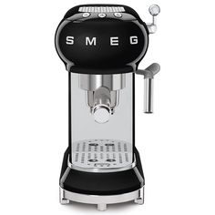 the smeg espresso machine is shown with its black and silver trimming