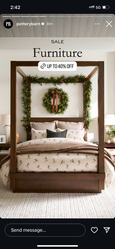 a bed with christmas wreaths on the headboard and foot board