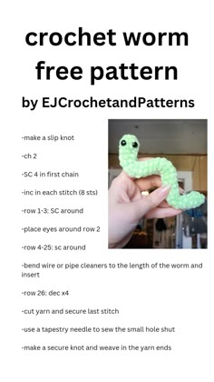 the crochet worm pattern is shown with instructions to make it