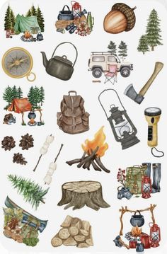 an image of camping related items on a white background with trees, campfire and tent