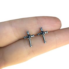 "Beautiful Cross studs earrings are made of high grade Stainless steel . Earrings are set with black glass stone at the center. Those studs are gender neutral and perfect for men or women Size is around 1/2\" long x 3/8\"wide Listin for 1 pair (2 earrings) All items are shipped in a gift box" Gothic Silver Jewelry With Studs, Gothic Silver Stud Jewelry, Dagger Earrings, Cross Earrings Studs, Goth Earrings, Gothic Crosses, Front Back Earrings, Studs Men, Gothic Earrings