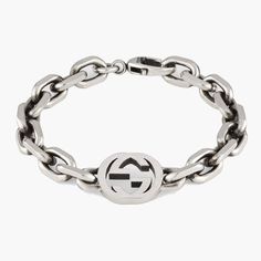 Designed from Gucci craftsmen, this sterling silver Interlocking G Bracelet is fit for any occasion. Made with a arabesque engraved design and a cut out interlocking G motif. Bracelets Gucci, New Zealand Jewellery, Silver Link Bracelet, Gucci Jewelry, 925 Silver Bracelet, Silver Chain Bracelet, Metal Chain Link, Sterling Silver Mens, Winter 2022