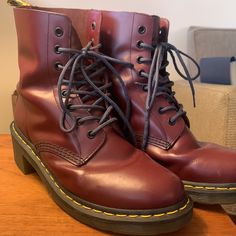 Doc Martens 1460 Air Wair Burgundy Maroon Grunge Combat Boots, Lace Up Boots,Moto Motorcycle Boots You Know The Brand, The Superb, Timeless Quality Of Materials,Design And Craftsmanship. Smooth Burgundy Leather Uppers, Iconic Sole, Yellow Stitching, Ankle Tab,8 Lace Holes.These Have Maybe Been Tried On, And Thats It! Immaculate Inside And Out. Photos Show Condition And Measurements.Please Know Your Size In This Brand.No Smoke,Odors,Pets,Stains,Tears.Tags:90’s, Hippie, Boho, Moto, Motorcycle,Comb Grunge Sleaze, Laceup Boots, Doc Martens 1460, Thrift Inspo, Boots Combat, Pet Stains, Red Burgundy, Motorcycle Boots, Doc Martens