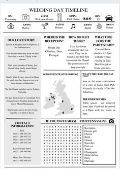 the wedding day time info sheet is shown in black and white, with text on it