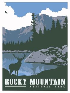 the rocky mountain national park poster features a deer by a lake with mountains in the background