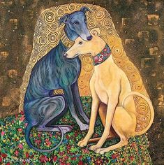 two dogs sitting next to each other on top of a green surface with gold and blue swirls