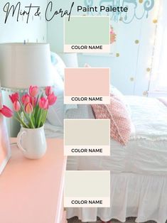 a bedroom with pink and white paint colors on the walls, bed in the background