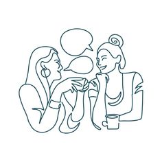 two women talking to each other with speech bubbles above them