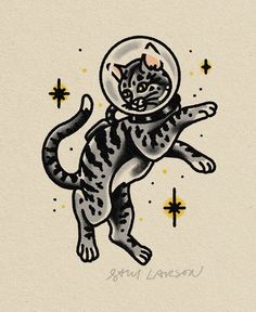 a black and white drawing of a cat in an astronaut's helmet on its back