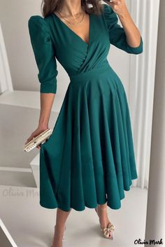 Olivia Mark - Versatile Pleated Waist A-Line Midi Dress - Solid Color with Three-quarter Sleeves Line Dresses, Elegant Maxi Dress, A Line Dresses, Hem Design, Puff Sleeve Dresses, Waist Dress, Types Of Skirts, Mode Outfits, Cotton Style