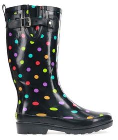 A colorful, multi polka-dot printed boot on a black base. This popular print is fun to mix-and-match with outfits on a rainy day. | Western Chief Women's Dot City Tall Boot, Black, 8M Outfits On A Rainy Day, City Rain, The Weather Outside Is Frightful, Weather Outside Is Frightful, Chelsea Rain Boots, Rain Shoes, Womens Rain Boots, On A Rainy Day, Boot Print