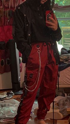 red and black grunge/rocker style for colder weather Red Rocker Outfit, Punk Fashion Aesthetic Mens, 1990s Aesthetic Outfits Men, Emo Mens Fashion Aesthetic, Guys Punk Outfit, Red And Black Goth Outfits Men, Grunge Red Outfit Male, Red And Black Streetwear Outfit Men, Rock Outfits Male