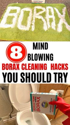 a toilet with the words borax written on it, and a box of borax cleaning hacks next to it