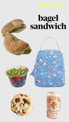 an advertisement for the bagel sandwich with pictures of sandwiches and fruit in it,