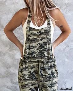 Olivia Mark - Camouflage Print Drawstring Suspender Jumpsuit Suspender Jumpsuit, Camouflage Print, Printed Drawstring, Olivia Mark, Camouflage, Sleeve Styles, Jumpsuit Romper, Camo, Overalls