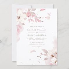 a wedding card with watercolor flowers on the front and back, in pink tones