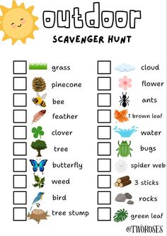 an outdoor scavenger hunt is shown with the words out and in front of it