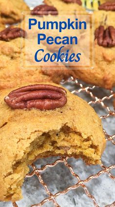 pumpkin pecan cookies on a cooling rack with the words, pumpkin pecan cookies