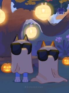 two cartoon cats wearing sunglasses with pumpkins in the background and lights hanging above them