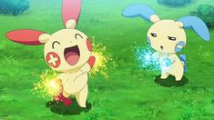 pikachu and eebi running through the grass in pokemon let's play